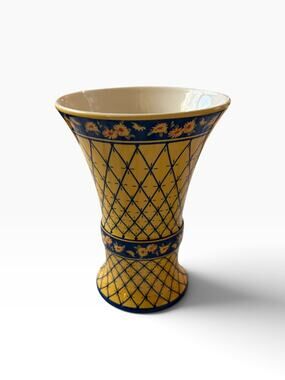 Vintage FTD Yellow & Cobalt Blue Sunflower Diamond Pattern Ceramic Flower Vase